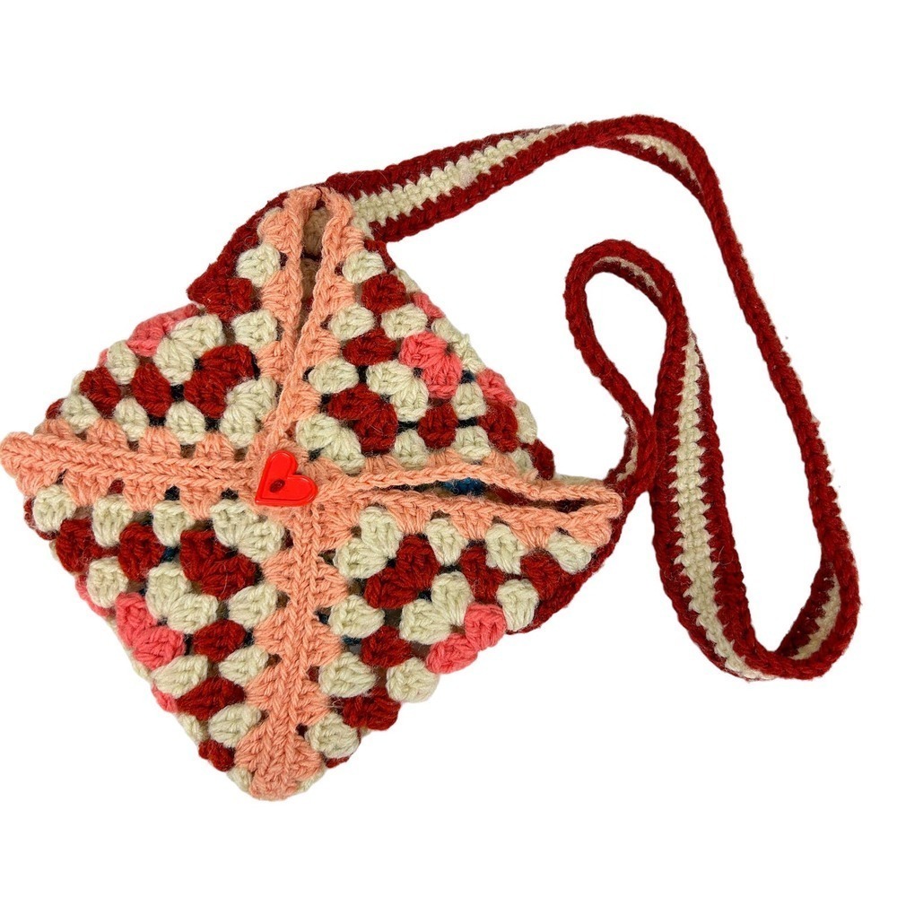 Vintage 1970s Kidcore Crochet Envelope Square Crossbody Bag
